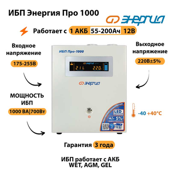 Энергия ИБП Про 1000 12В - ИБП и АКБ - ИБП для котлов - Магазин электрооборудования Проф-Электрик